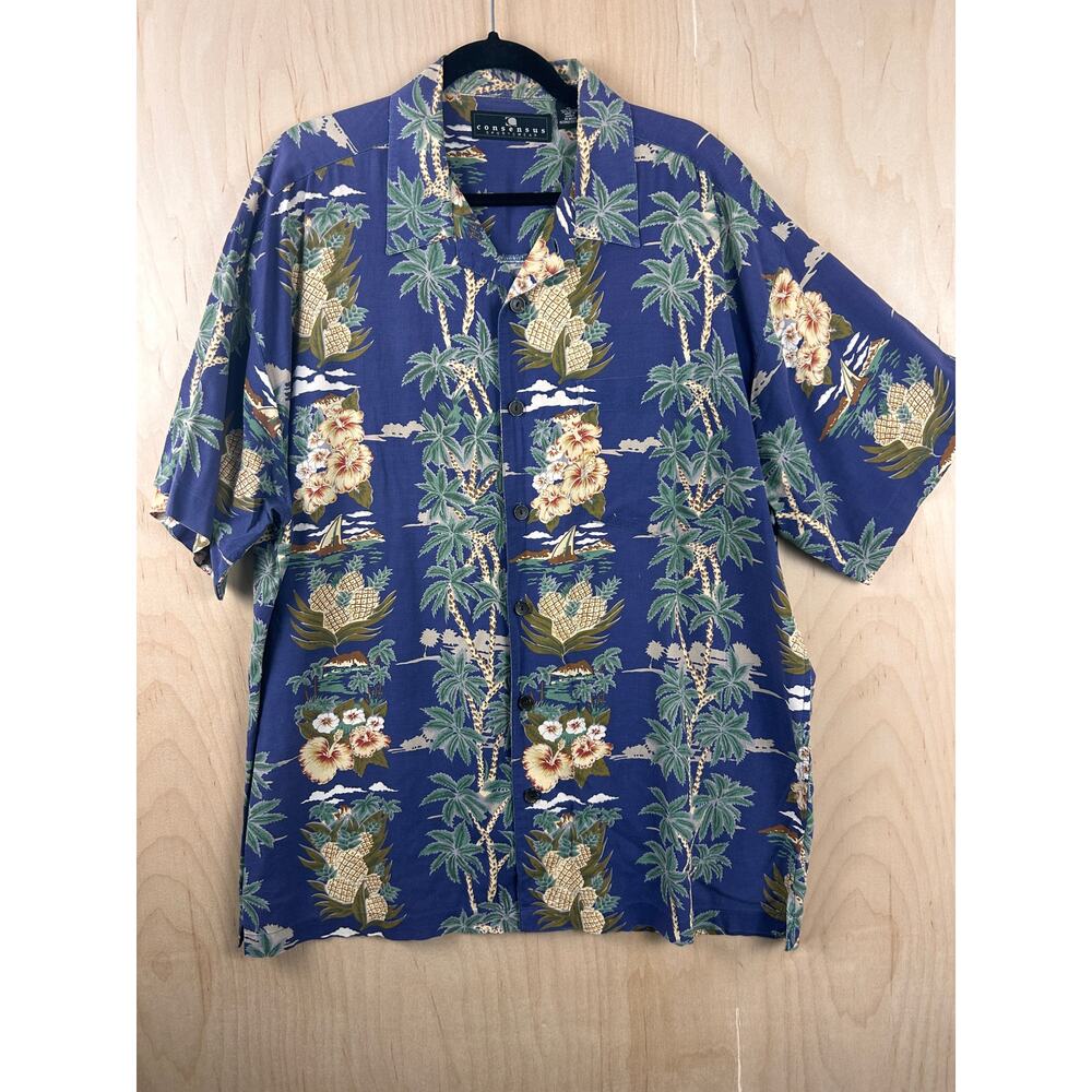 Consensus Sportswear Hawaiian Shirt Mens XL Blue Pineapple Palm Rayon